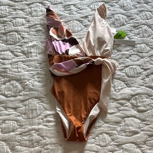 Sanctuary Brown and Pink One Piece Swimsuit with Twist Detail